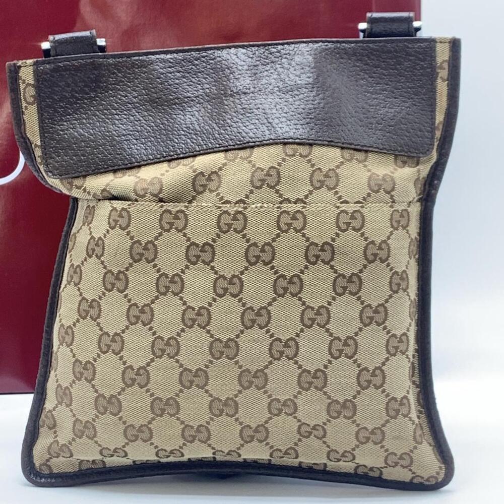 GUCCI GG Canvas Shoulder Bag Crossbody Sacoche Clutch Leather Brown - Picture 5 of 10